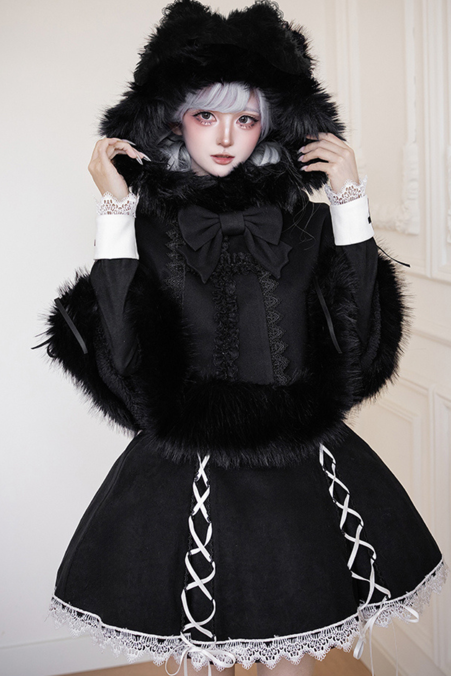 シックマーメイドドレス+レースアップショートドレス+マントコート+カラー+リボンブローチ