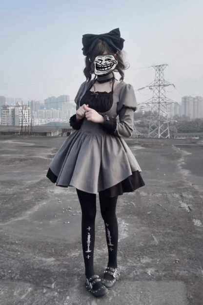 ツインフリルメイドロリータドレス+エプロン+チョーカー+ヘッドバンド+リボン+レッグカバー