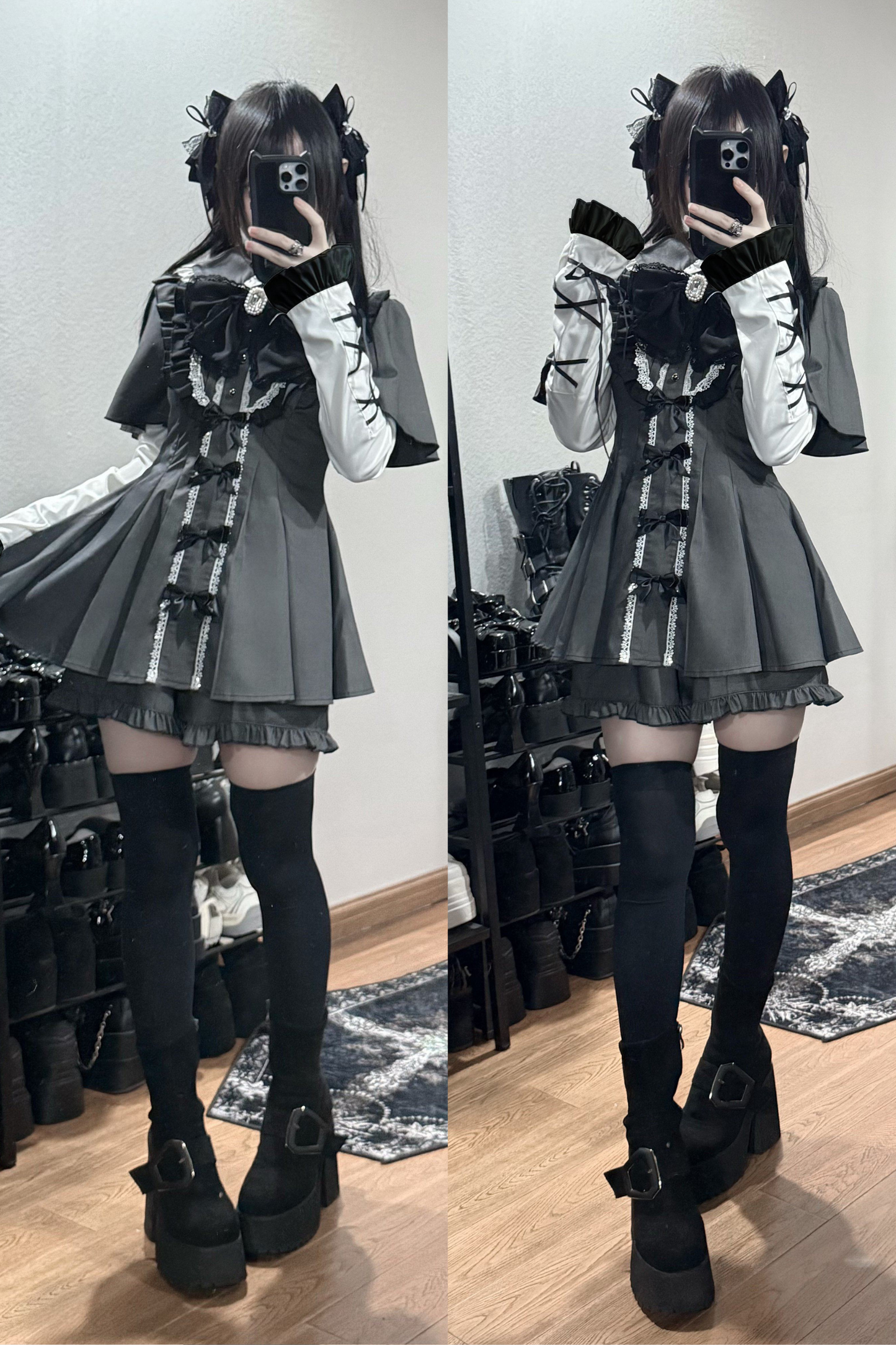 【3月1日予約締切】グレーブラックジュエルリボンフリルドレス＋ロングスリーブ＋ショートパンツフルセット