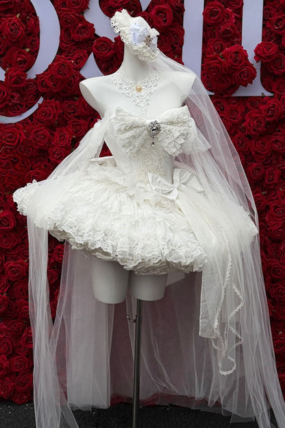 [Vorbestellung bis 4. April]Weißes Feder-Zeremonienkleid + Schal + Schwanz + Schleier + Schleife + Ärmel