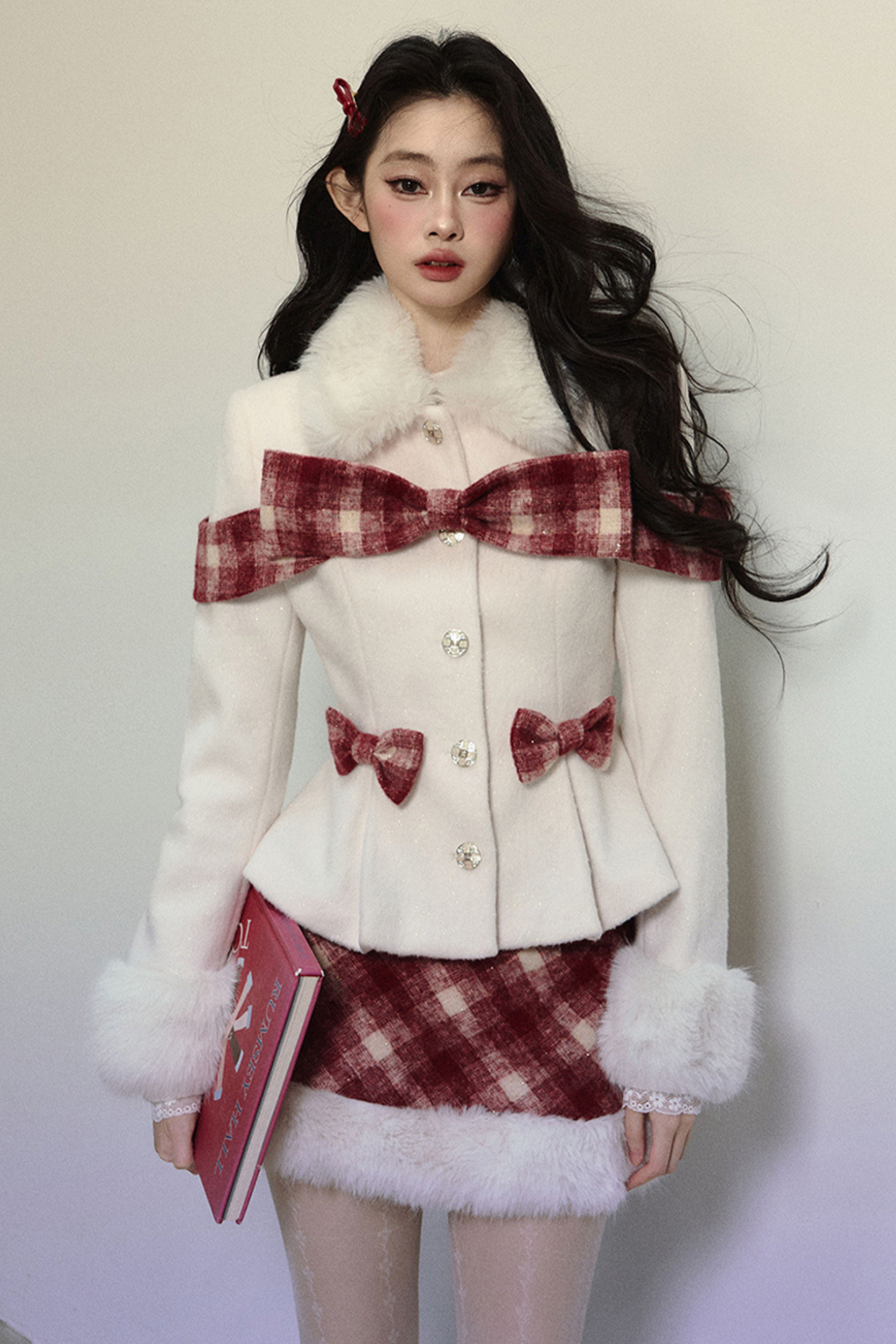 Check Ribbon Coat + Fur Check Skirt