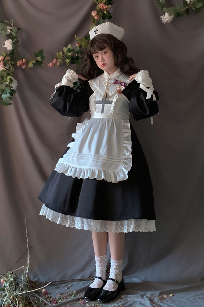 ランタンエンジェルメイドロリータドレス＋エプロン＋つけ襟