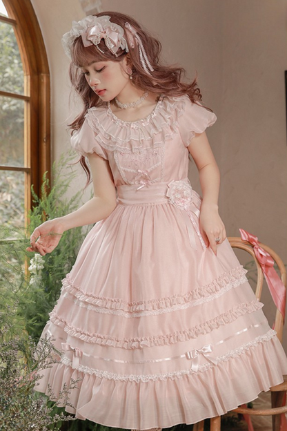 Cherry blossom color sweet princess Lolita dress + doll color top + sheer cardigan + apron