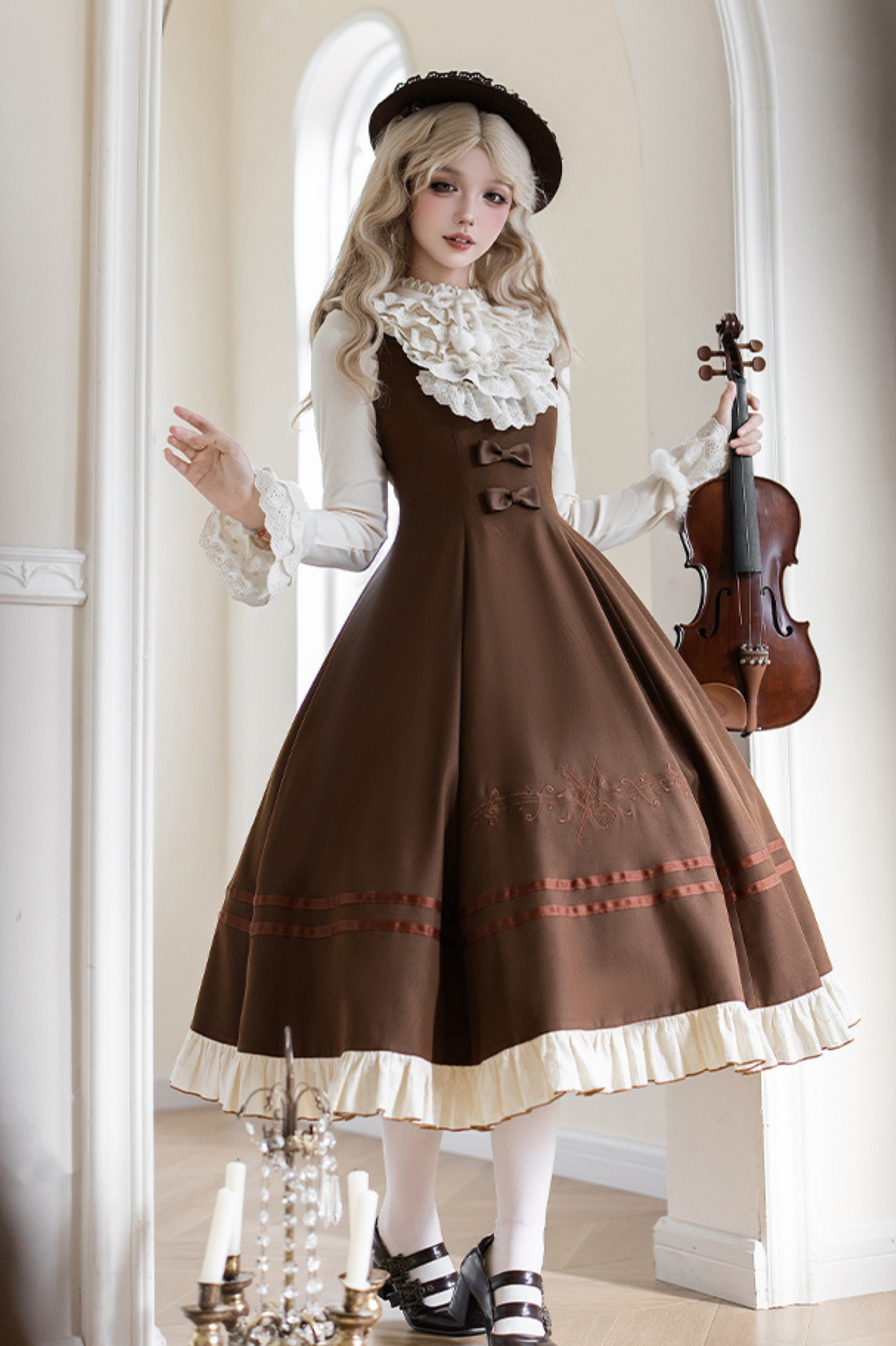 ツインフリルドールジャンパースカート+トップス+リボン+ハット