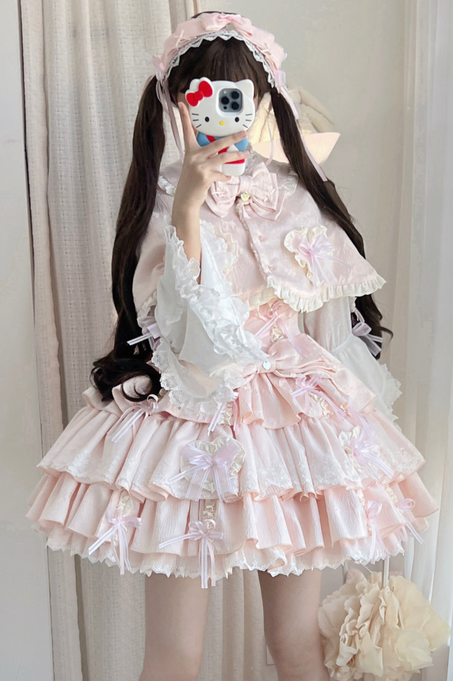 レイヤーフリルスイートプリンセスロリータジャンパースカート+テール+ヘアバンド+ケープ+ボンネット