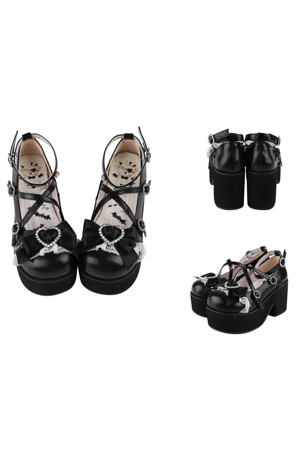 レイシープパフロリータレースラインストーンリボンフラットフォームシューズ