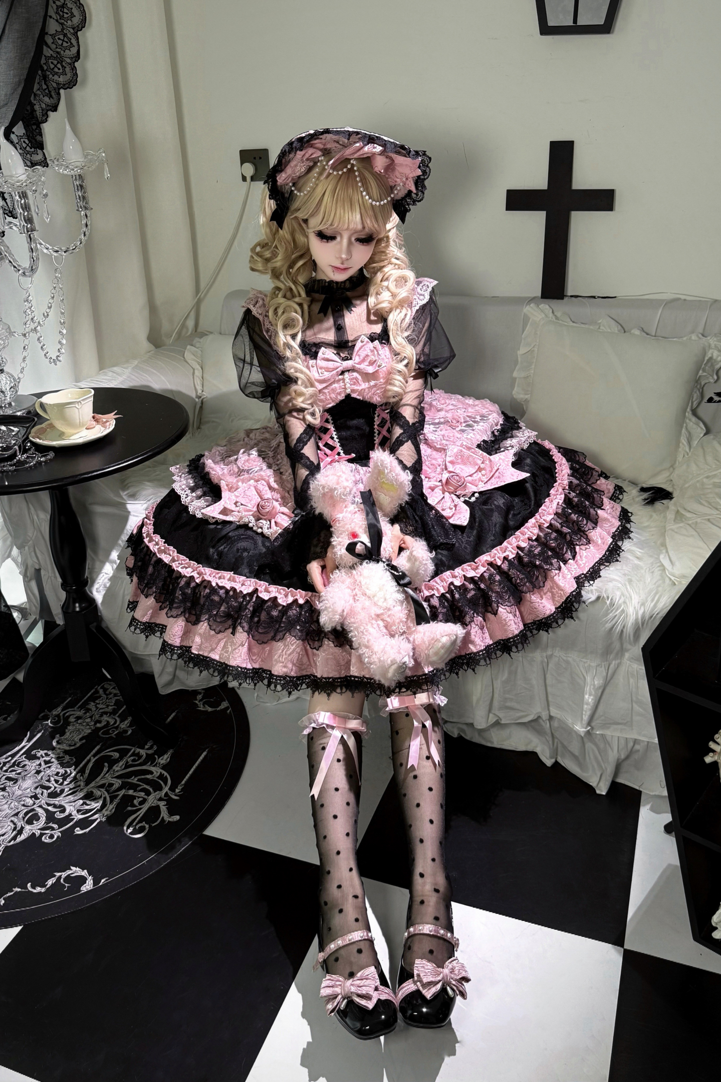 ローズフリルプリンセスジャンパースカート+バッグリボン+ボンネット