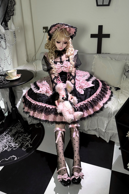 ローズフリルプリンセスジャンパースカート+バッグリボン+ボンネット