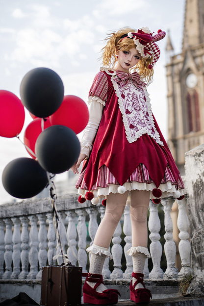 ドールサーカスピエロロリータドレス+カチューシャ+ベルト+リボン+カチューシャ+バッフル