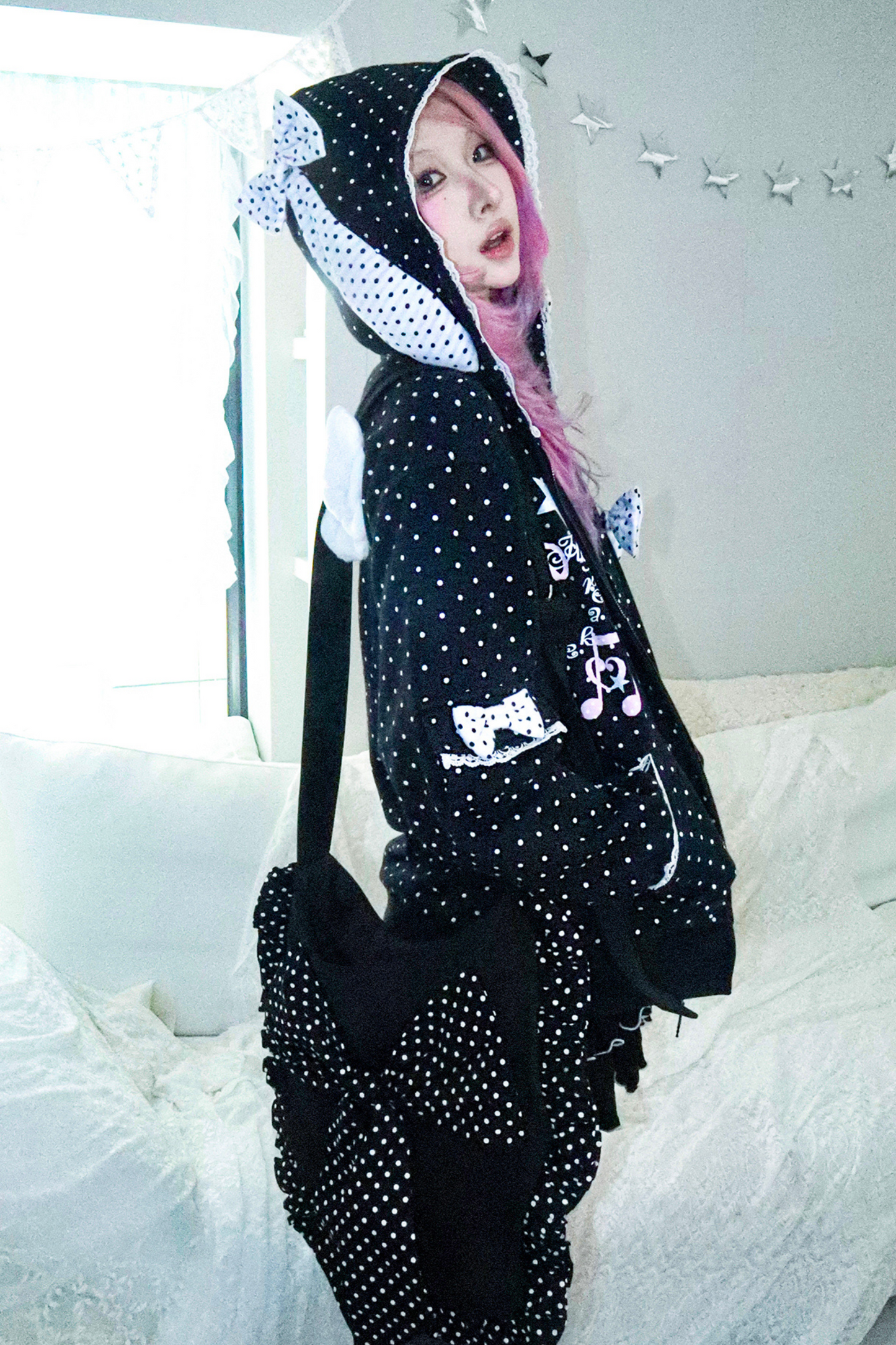 Y2Kガールドットバニーフードパーカー