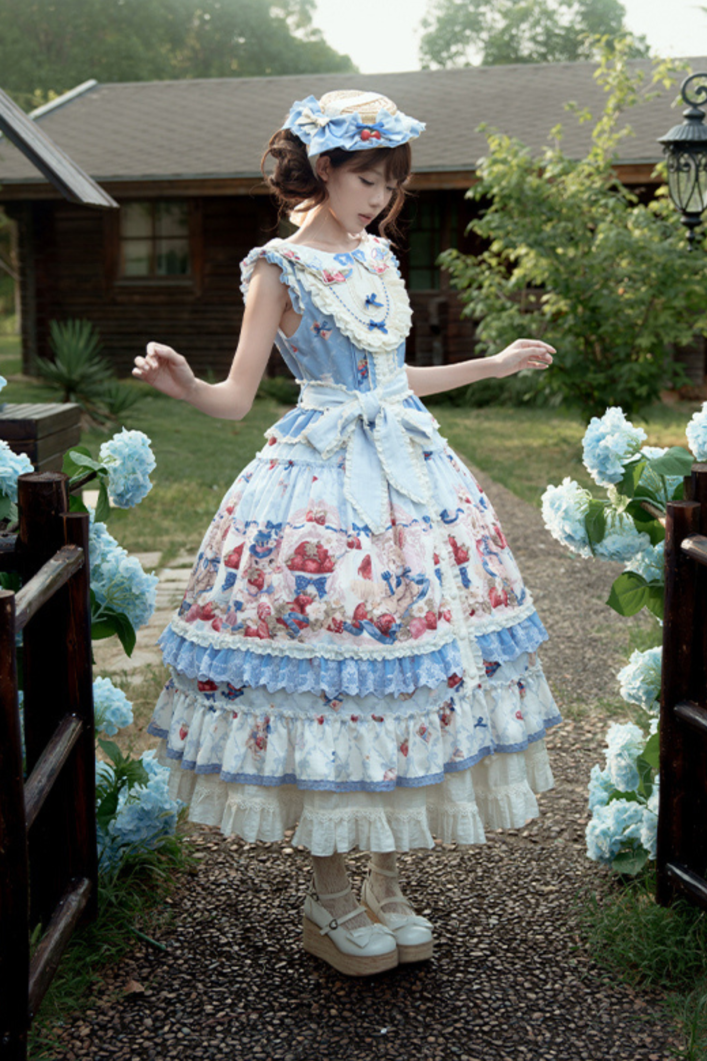 Rabbit Berry Embroidery Print Dress + Bonnet + Hat