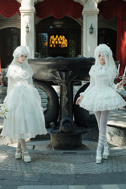 White gothic gemini Lolita dress + corset + ribbon + hair band + veil
