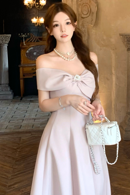 オフショルダーリボンショートフレアドレス＋ロングフレアドレス