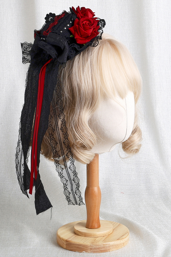 Dark Frilled Lolita Hairband + Flat Hat + Hat Clip + Ribbon Clip + Sleeve