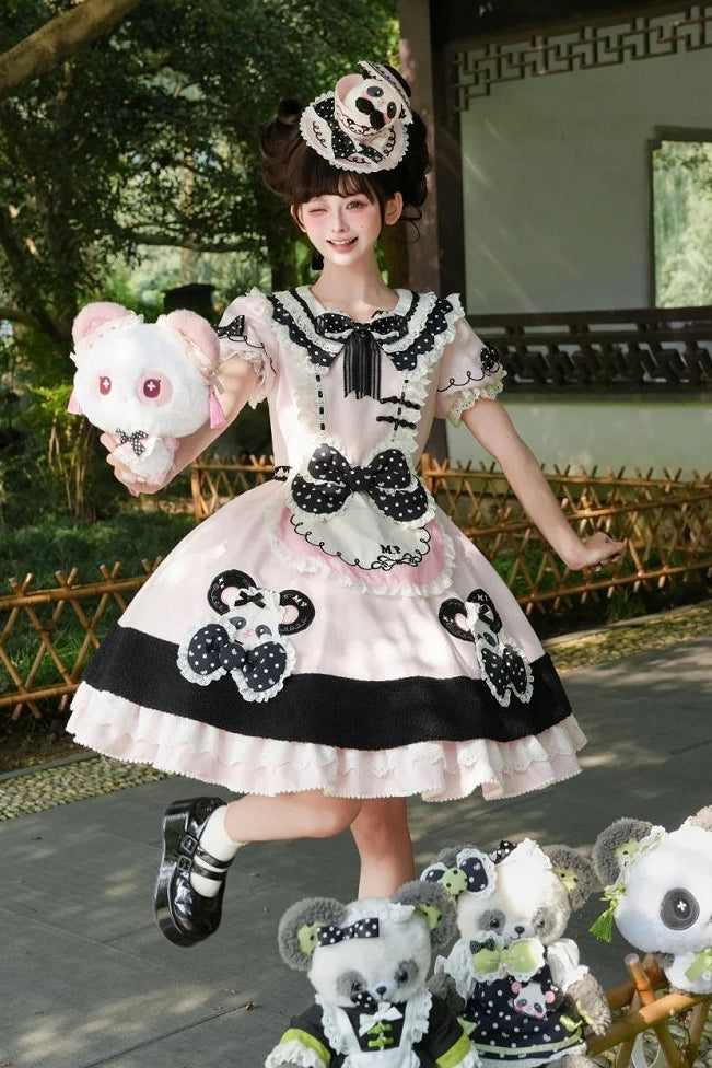 [Pre-order Deadline: October 25] Pink/Green Chinoiserie Lolita Sweet Panda Appliqué Puff Sleeve Polka Dot Bow Apron Dress