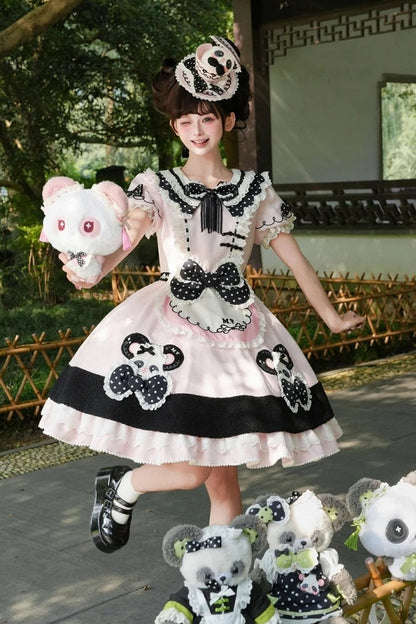 [Pre-order Deadline: October 25] Pink/Green Chinoiserie Lolita Sweet Panda Appliqué Puff Sleeve Polka Dot Bow Apron Dress