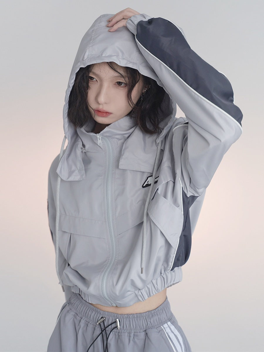 Hooded Short Mode Loose Contrast Collar Jacket