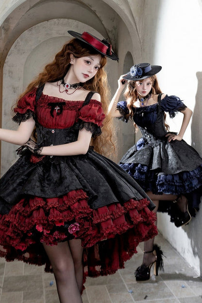 【4月28日预售截止】红蓝×黑色优雅哥特洛丽塔束身胸衣叠层JSK连衣裙+露肩蕾丝泡泡袖上衣