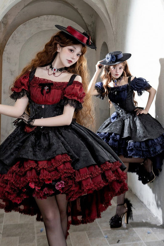 【4月28日予約締切】レッドアンドブルー×ブラックエレガントゴシックロリータコルセットレイヤードJSKドレス＋オフショルダーレースパフトップス