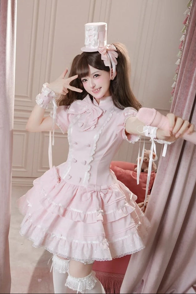 【10月23日予約締切】Pink Sweet Lolita Puff Sleeve Bow Frill Dress＋Full Set (with Hat and Wrist Cuffs)