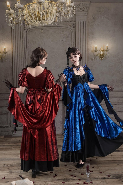 [Date limite de précommande: 105] Robe empire gothique élégante à volants cascade rouge/bleu [courte/longue] + ensemble robe complet (châle, broche papillon, chaîne de taille, traîne à nœud au dos)