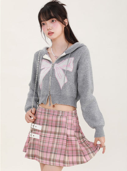 Ribbon Print Hoodie Short Knit Cardigan