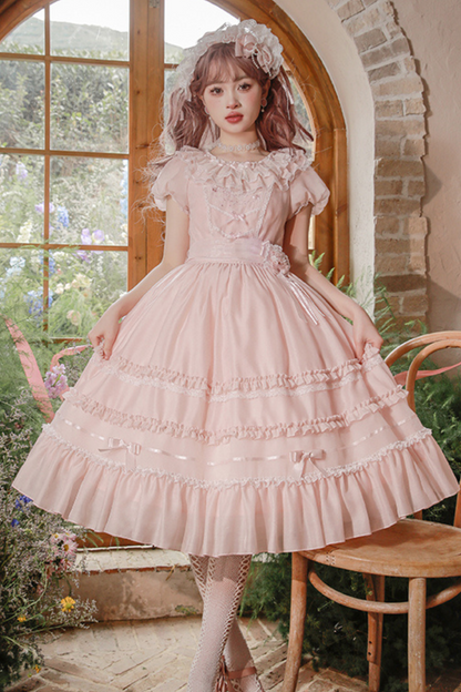 Cherry blossom color sweet princess Lolita dress + doll color top + sheer cardigan + apron