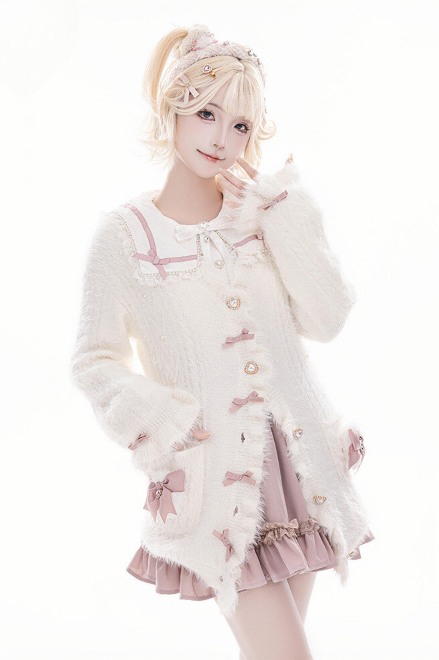 Powder Puff Ribbon Shaggy Fur Ruffle Knit Cardigan