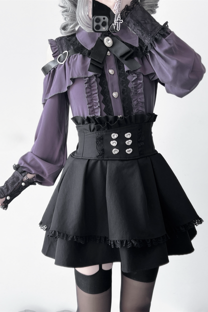[Deadline for reservations: October 15] Open Shoulder Heart Leather Strap Ruffle Ribbon Shirt