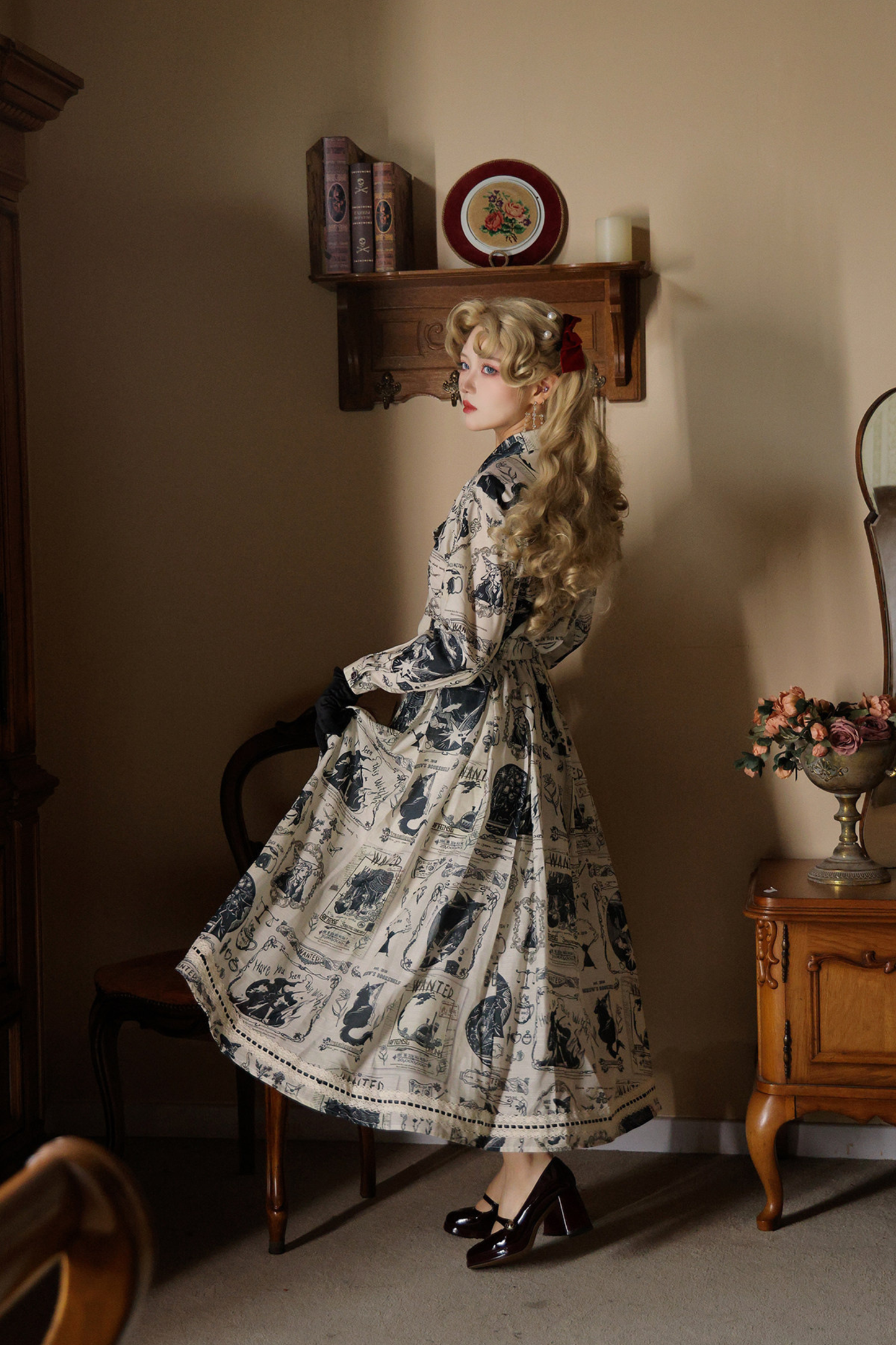 レトロシックアートプリントロングスカート