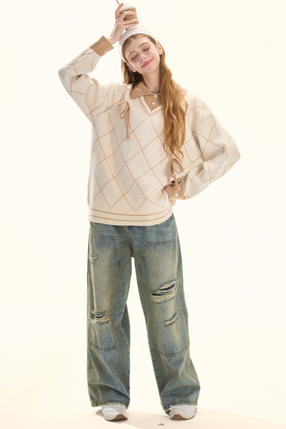 ウォッシュレトロデザインデニムパンツ