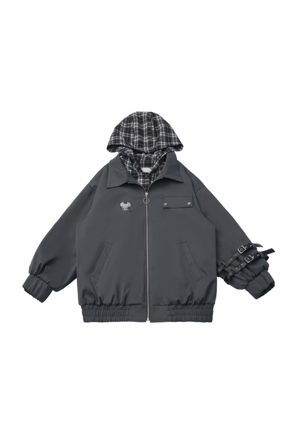 Big fur collar jacket + top + skirt + pants + check hooded jacket