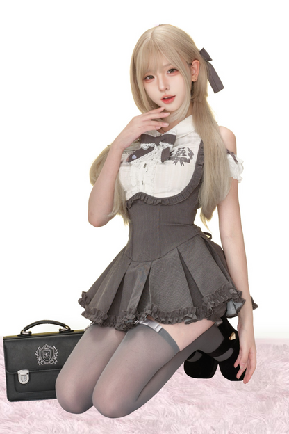 Bubble Sleeve Shirt + High Waist Strap Skirt