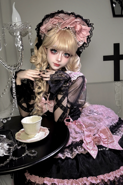 ローズフリルプリンセスジャンパースカート+バッグリボン+ボンネット