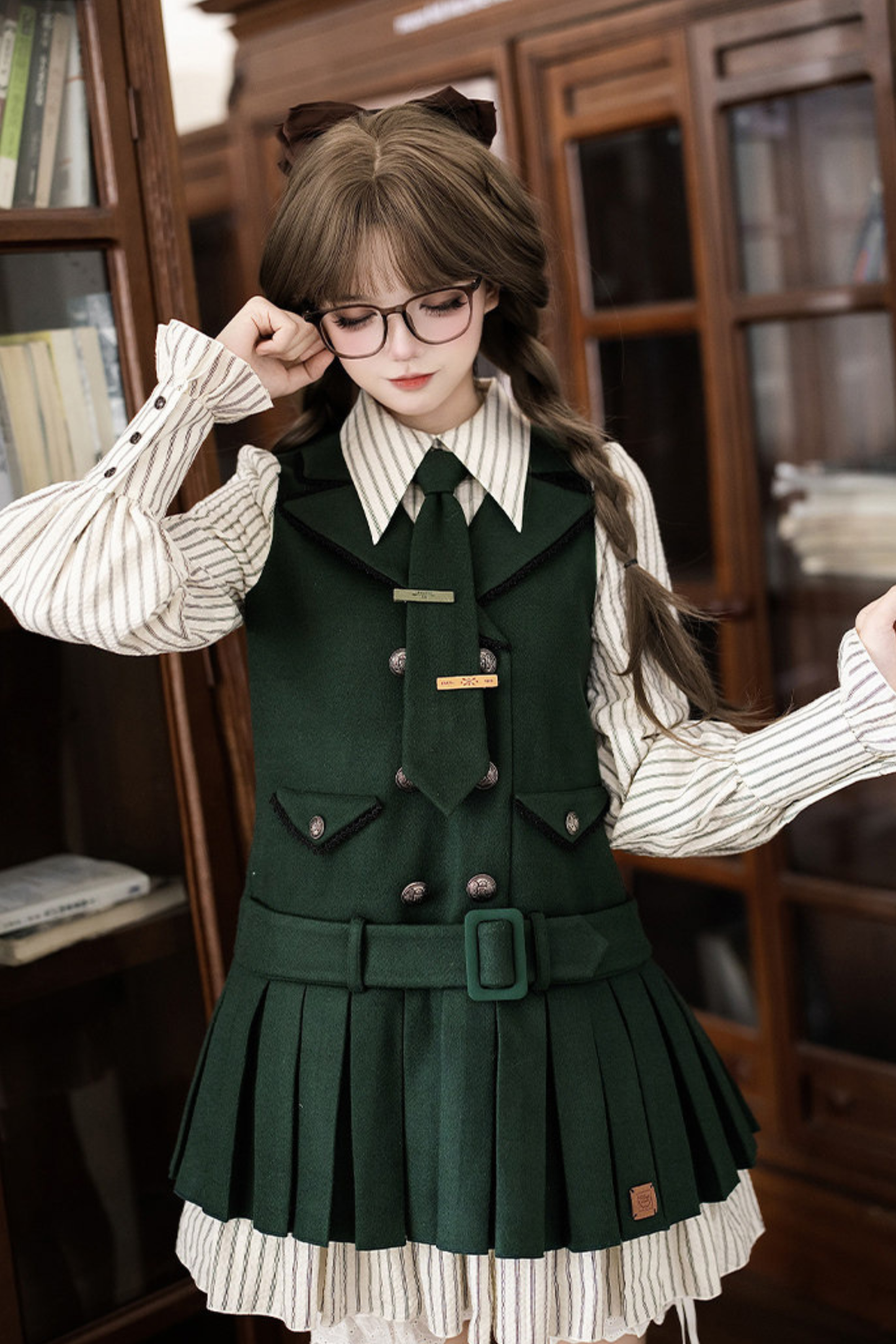 Baker Street Cloak Coat + Striped Dress + Pumpkin Pants + Hat