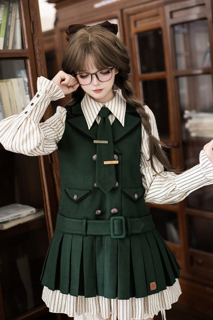 Baker Street Cloak Coat + Striped Dress + Pumpkin Pants + Hat