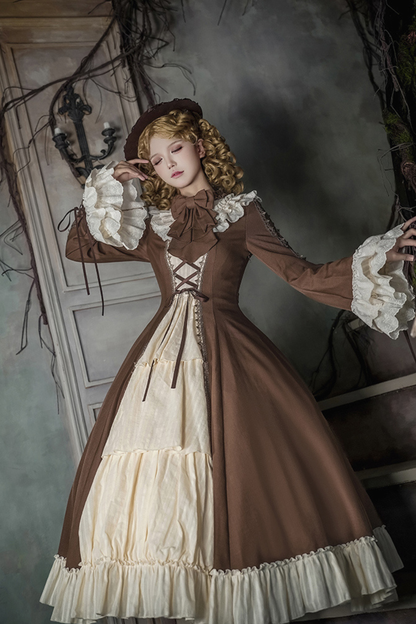 レーススタンドカラーフレアスリーブツインドールロリータドレス+カラー+ハット