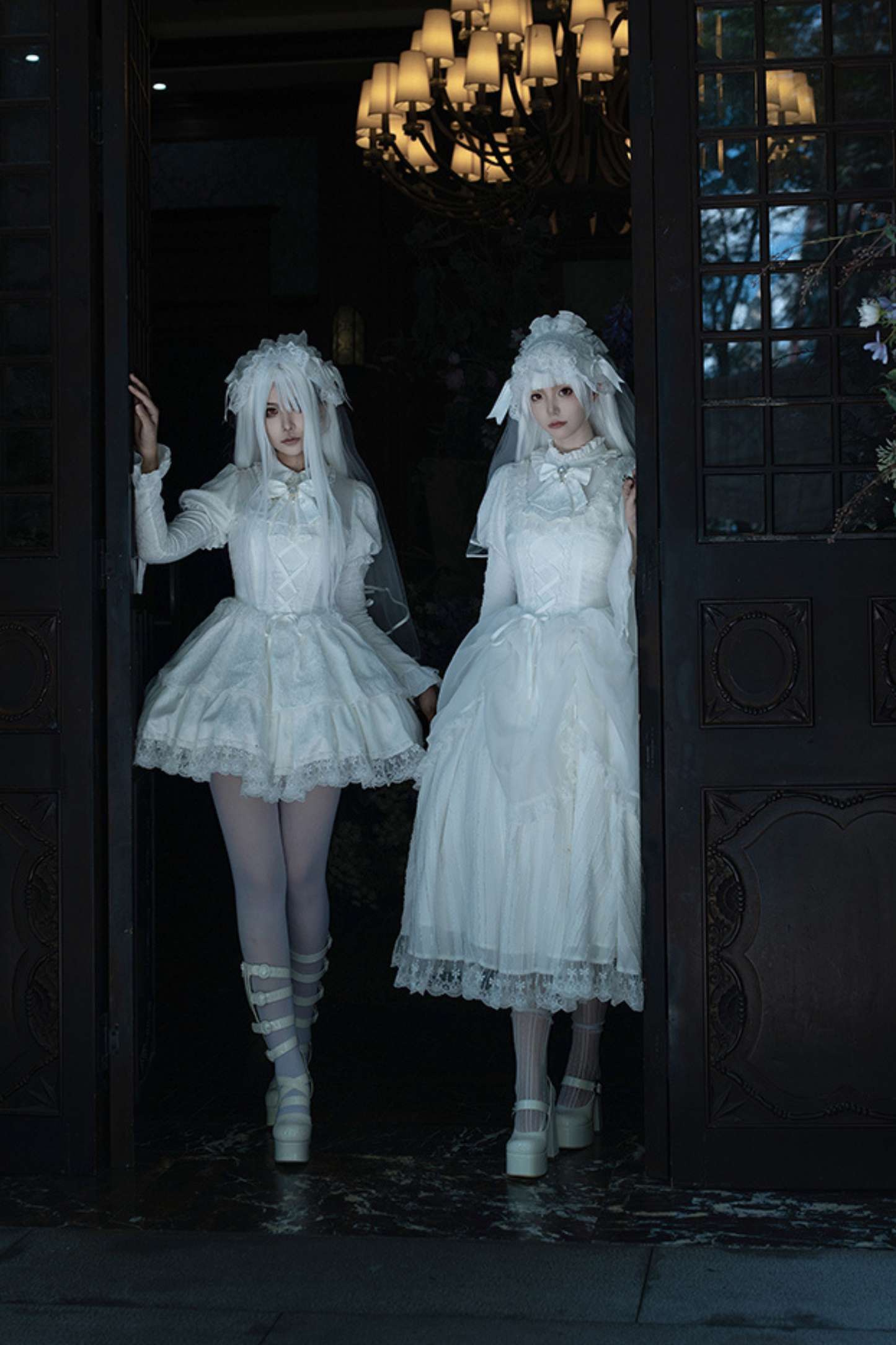 White gothic gemini Lolita dress + corset + ribbon + hair band + veil