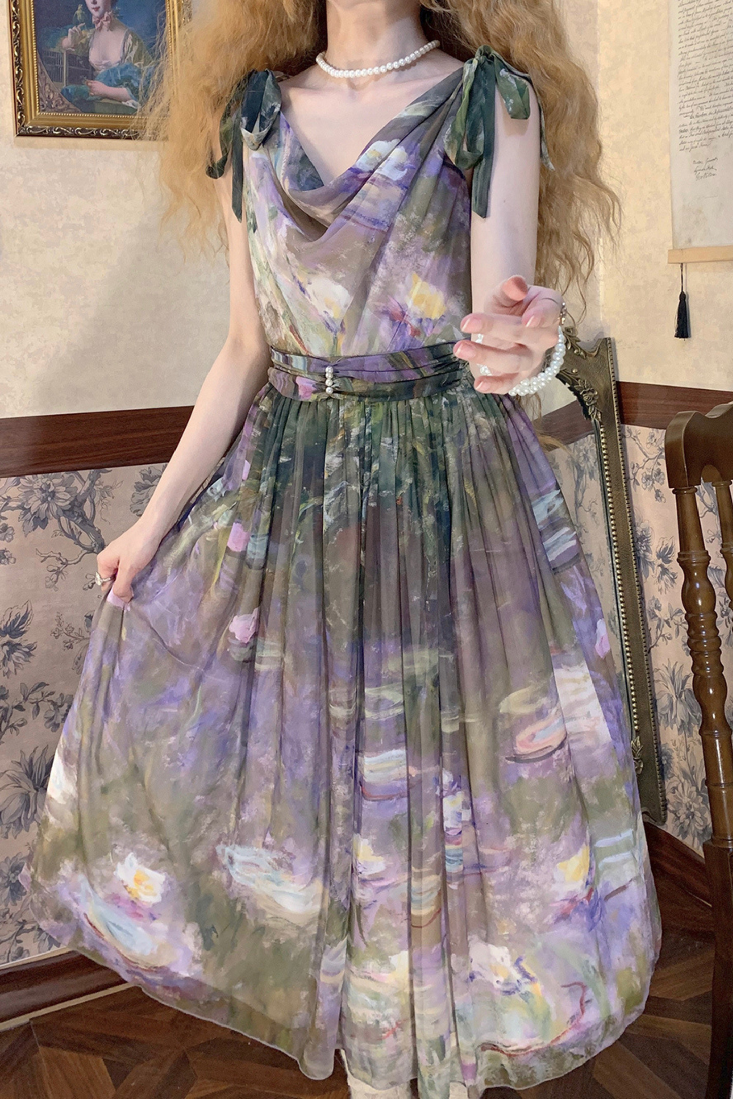 マーブルリゾートシフォンプリントドレス