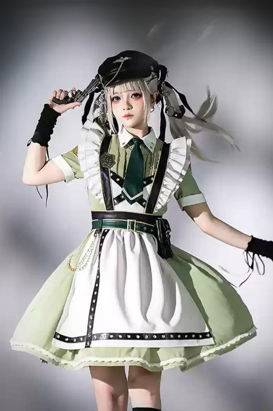 Schwarz-grünes Militär-Maid-Lolita-Kleid Komplettset