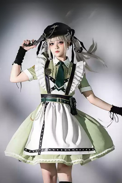 Schwarz-grünes Militär-Maid-Lolita-Kleid Komplettset