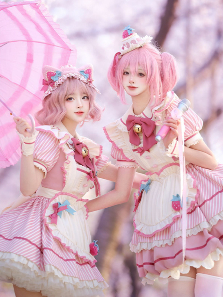 サクラピンクガーリーバブルロリータドレス+エプロン+ハット+ サクラピンクガーリーバブルロリータドレス+エプロン+ハット+