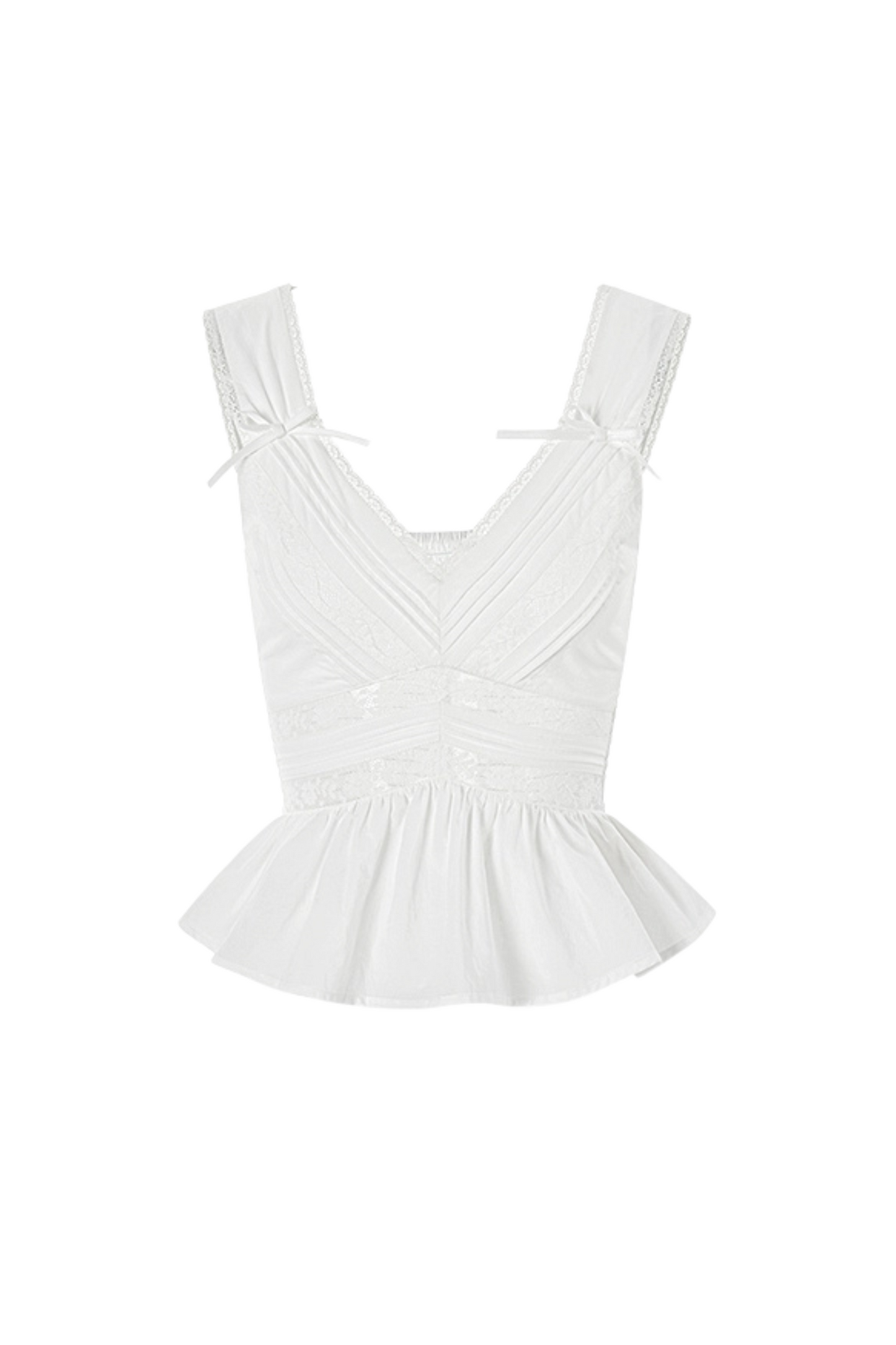 スイートショルダーリボンノースリーブトップス＋レースワイドパンツ