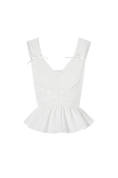 スイートショルダーリボンノースリーブトップス＋レースワイドパンツ