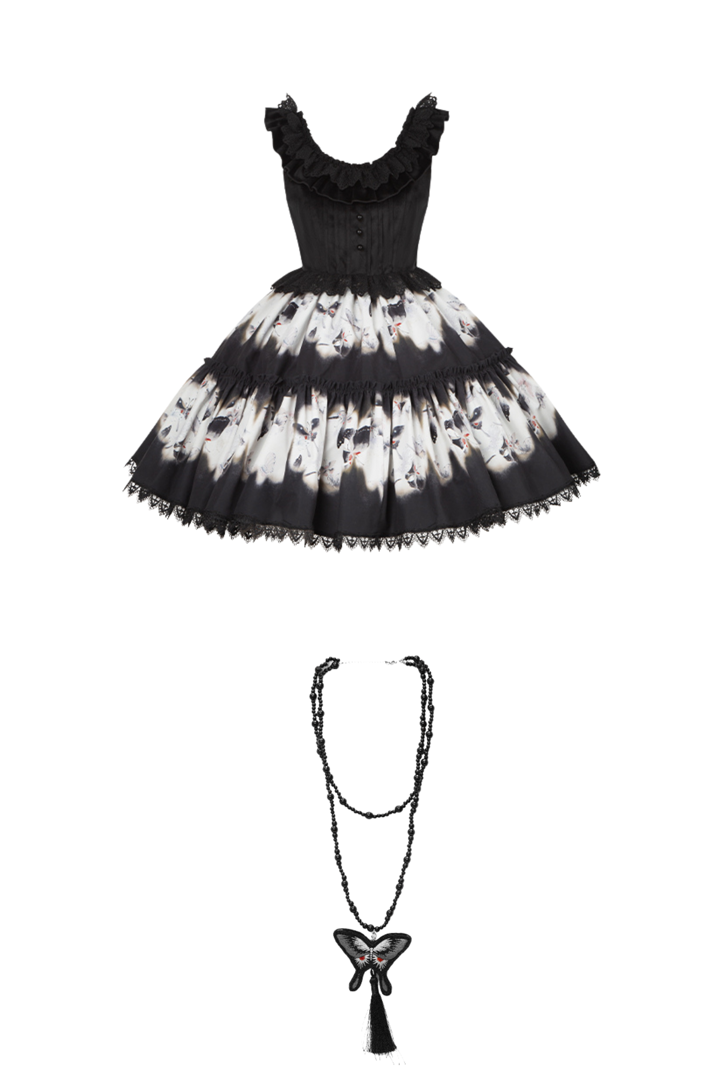 シックバタフライプリントスイングロリータドレス+ジャンパースカート+ヘアバンド+インナー+リボン