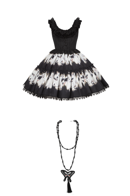 シックバタフライプリントスイングロリータドレス+ジャンパースカート+ヘアバンド+インナー+リボン