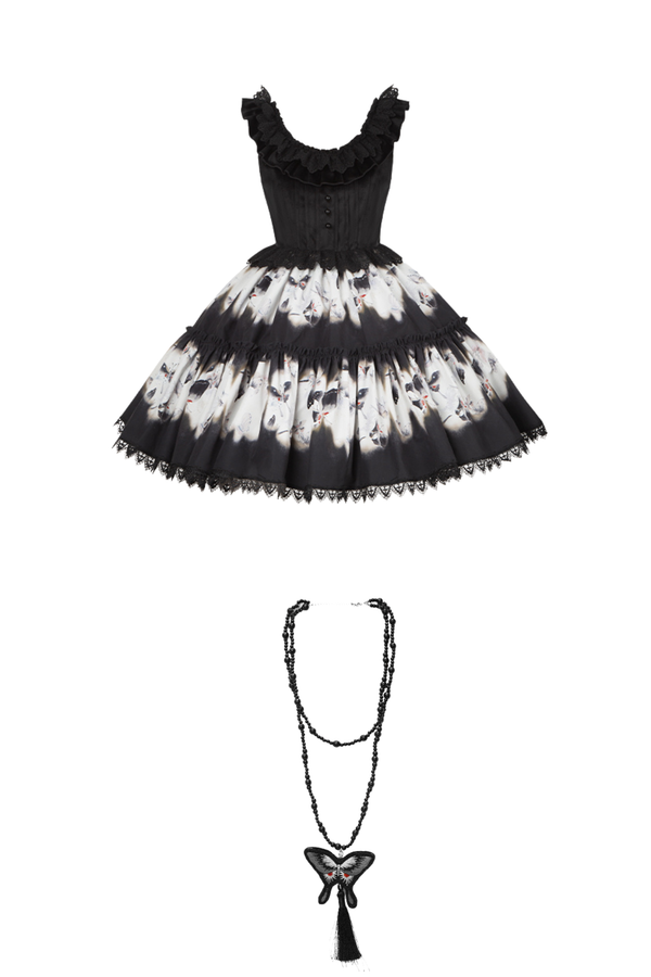 シックバタフライプリントスイングロリータドレス+ジャンパースカート+ヘアバンド+インナー+リボン