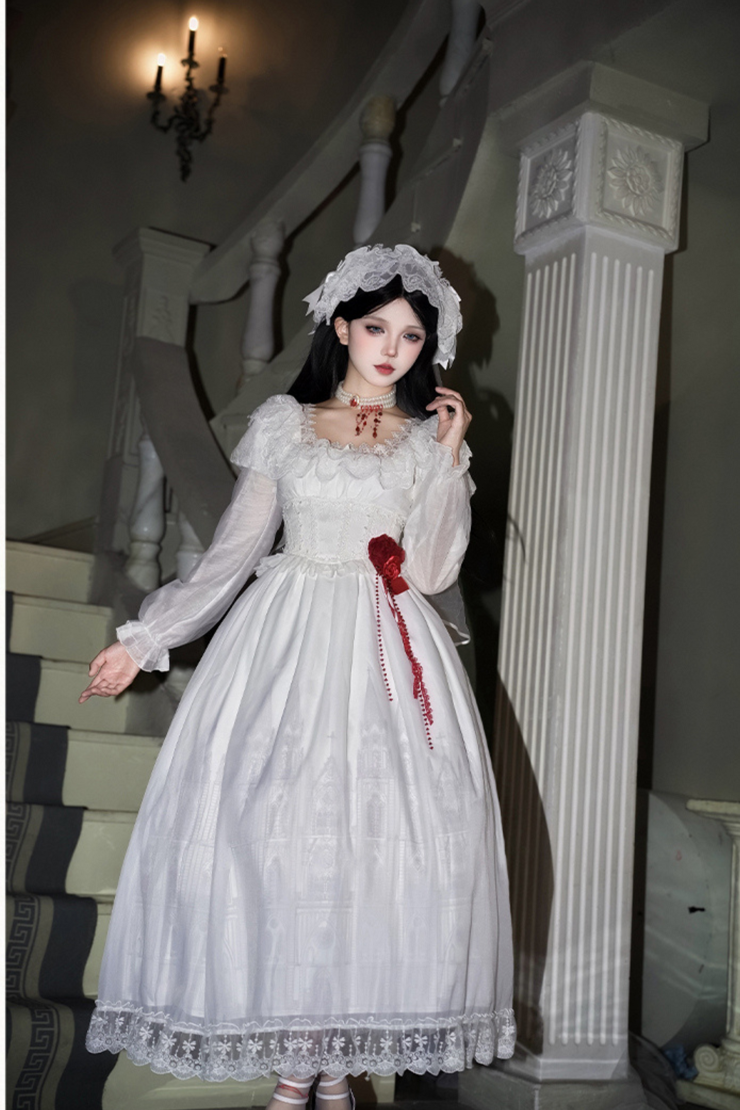 ゴシックツインズロリータドレス＋ハンドスリーブ＋ネックレス＋ヘッドバンド＋ベール＋コルセット＋取り外し可能カーテン＋コサージュ