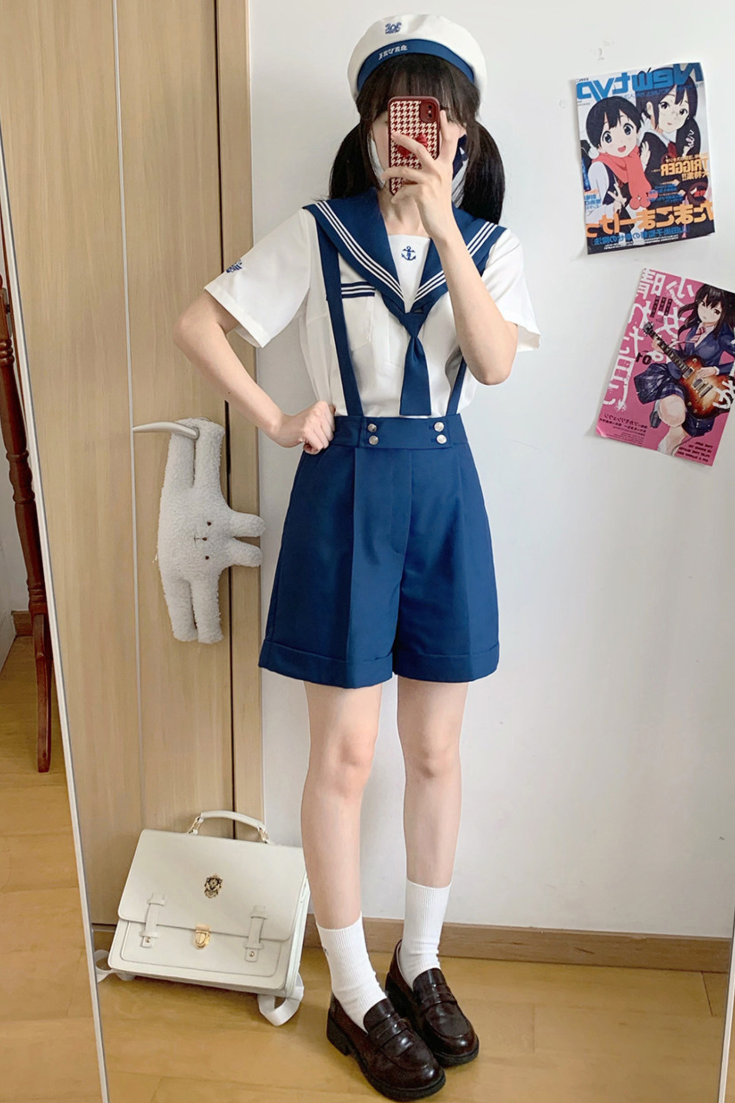 Matrosen-Hemd + Träger-Kurze Hose + Krawatte + Baskenmütze