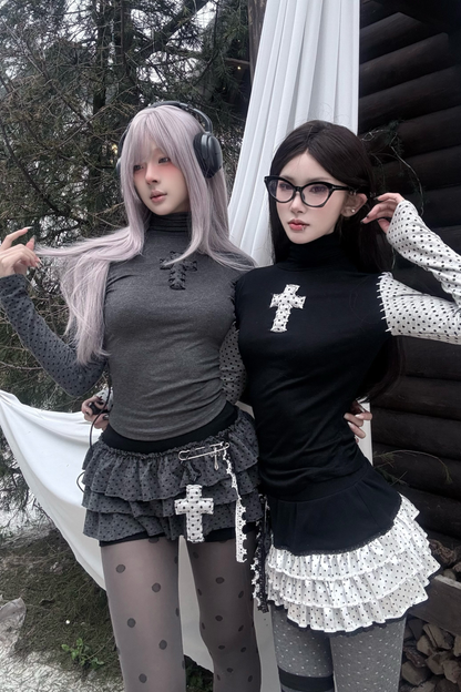 クロスドットタートルネックトップス+スカート+ペンダント